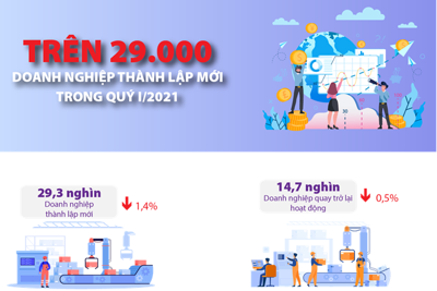 [Infographics] Trên 29.000 doanh nghiệp thành lập mới trong quý I/2021