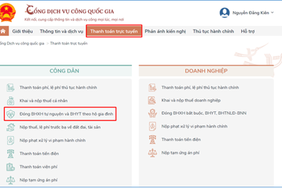 Đóng BHXH tự nguyện, gia hạn thẻ BHYT theo hộ gia đình trên Cổng Dịch vụ công Quốc gia?