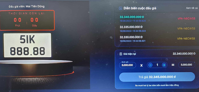 Biển sô 51K-888.88 được trả với mức cao nhất là 32,34 tỷ đồng. Ảnh: VPA