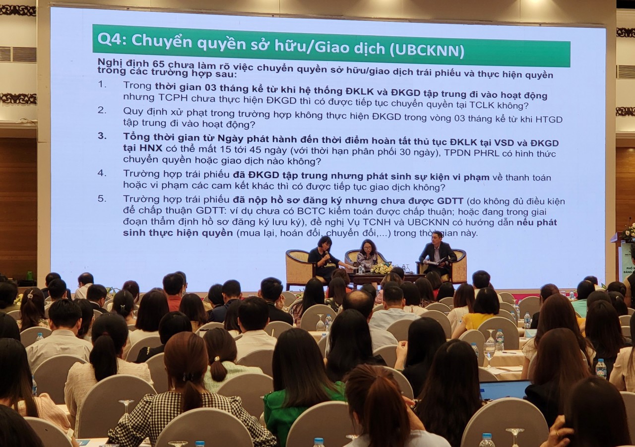 Đại diện UBCKNN, HNX, VSDC trả lời câu hỏi của đại biểu tham dự Hội nghị.
