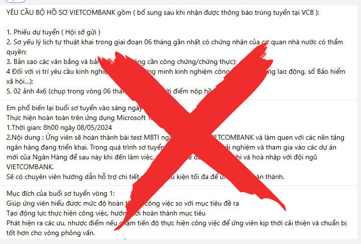 Vietcombank cảnh báo giả mạo, lừa đảo tuyển dụng.
