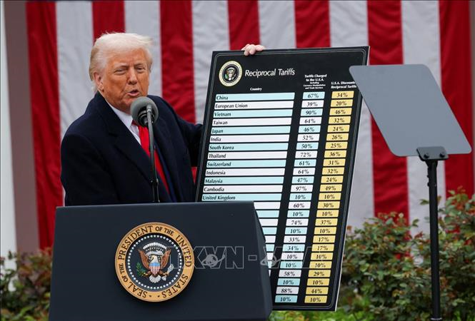 Tổng thống Mỹ Donald Trump công bố các mức thuế đối xứng mới tại Nhà Trắng ngày 2/4/2025. Ảnh: Reuters/TTXVN