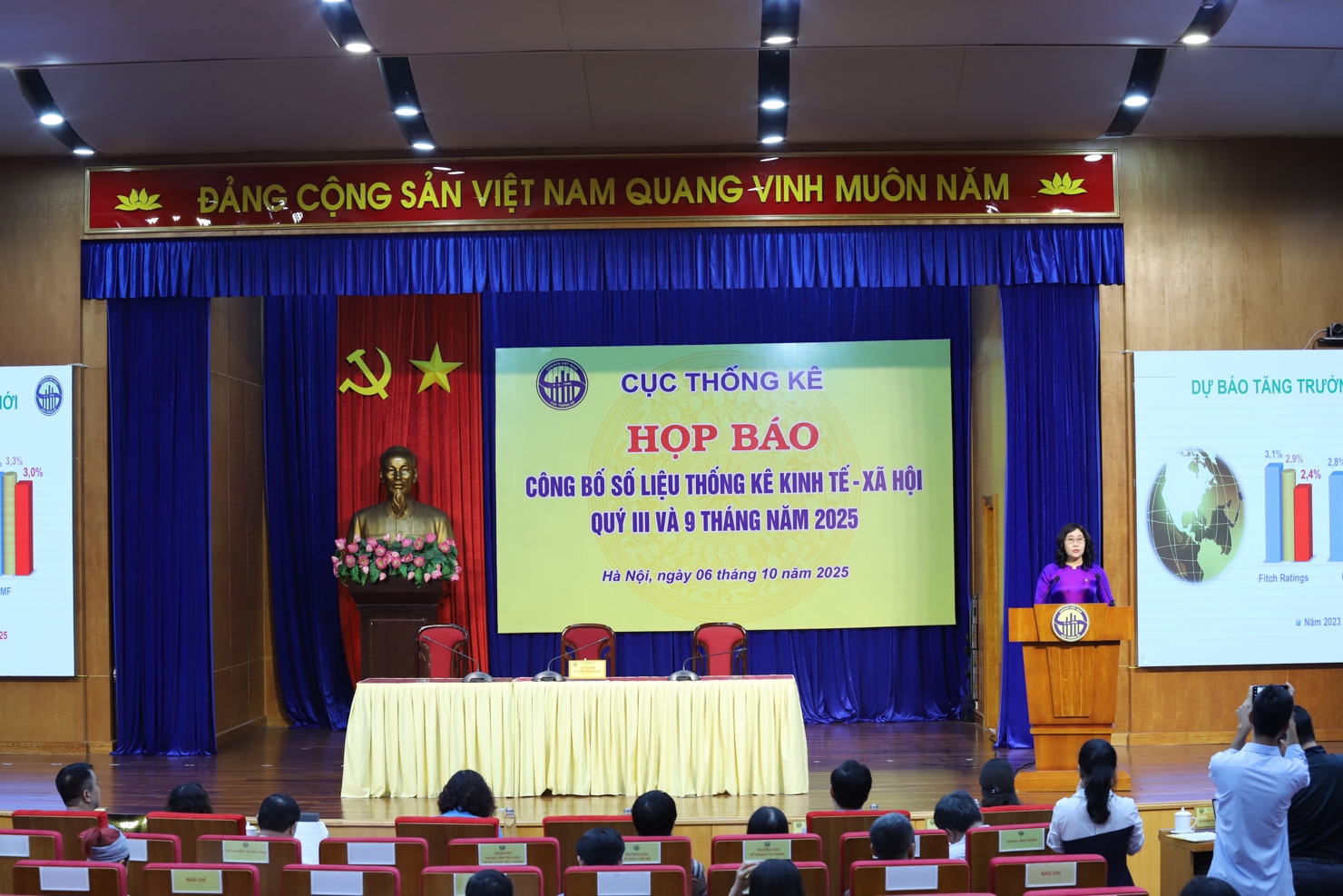 Bà Nguyễn Thị Hương - Cục trưởng Cục Thống kê thông tin về tình hình kinh tế - xã hội quý III và 9 tháng năm 2025.