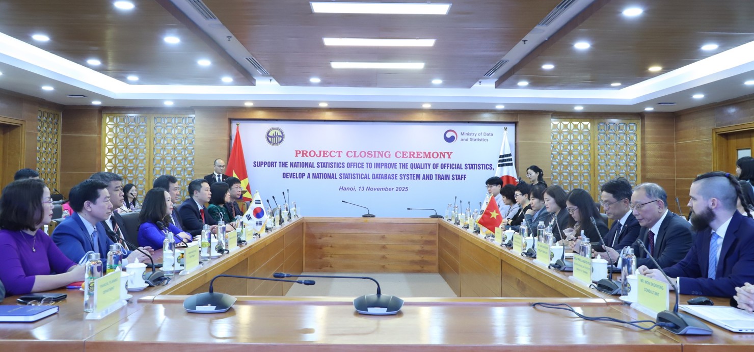 Toàn cảnh Lễ Tổng kết Dự án “Hỗ trợ Cục Thống kê cải thiện chất lượng số liệu thống kê chính thức, xây dựng cơ sở dữ liệu thống kê quốc gia và đào tạo cán bộ”.
