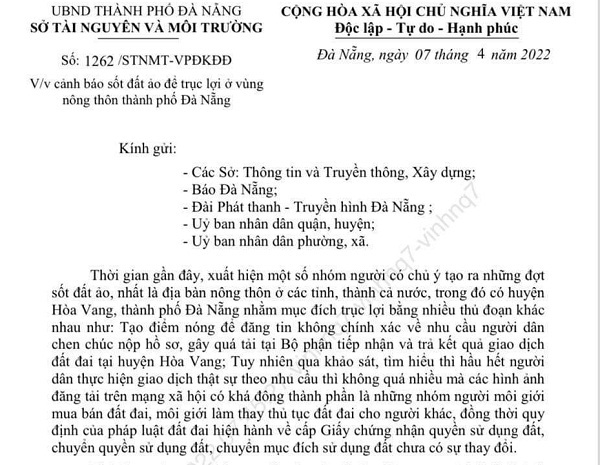 Sở Tài nguyên và Môi trường thành phố ban hành văn bản số 1262 /STNMT-VPĐKĐĐ về cảnh báo sốt đất ảo để trục lợi ở vùng nông thôn TP. Đà Nẵng