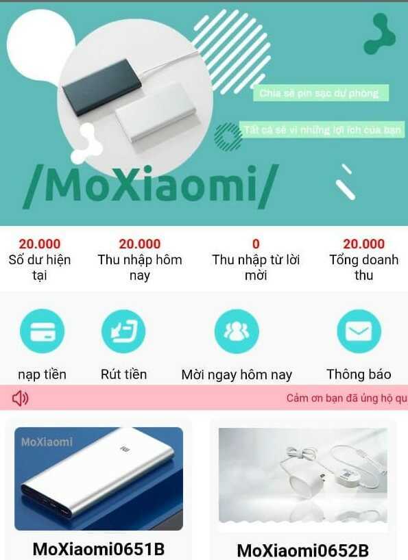 App MoXiaomi lôi kéo người tham gia kiếm tiền bằng cách chia sẻ sạc dự phòng hưởng lợi nhuận và mời người tham gia để được nhận hoa hồng