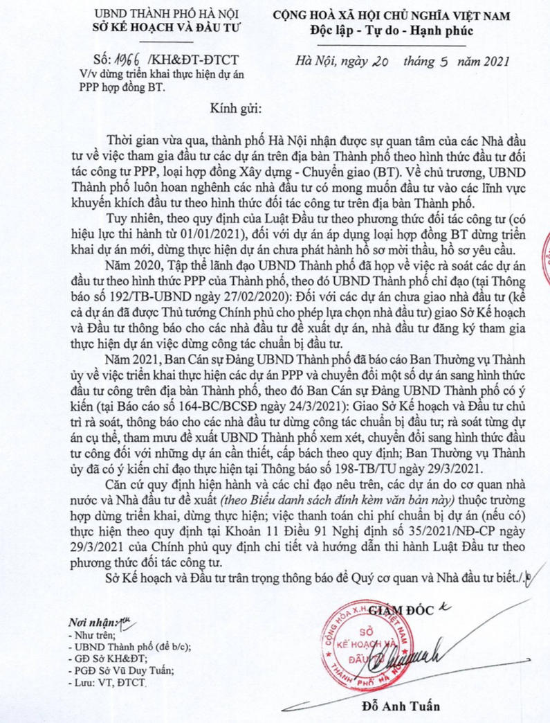 Sở Kế hoạch và Đầu tư TP Hà Nội ban hành văn bản về việc dừng triển khai thực hiện 82 dự án theo hợp đồng xây dựng - chuyển giao (BT) 