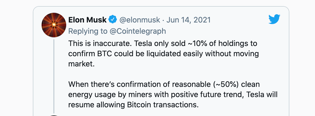 Musk tweet rằng sẽ chấp nhận thanh toán bằng Bitcoin và cũng bác bỏ những cáo buộc rằng mình thao túng thị trường