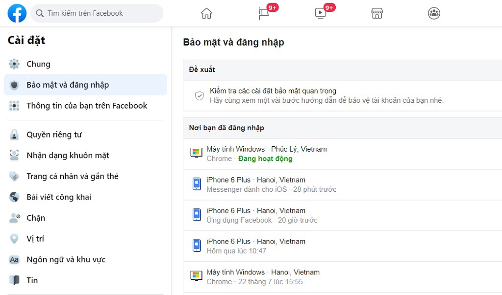 Cách kiểm tra đăng nhập Facebook bằng máy tính để bàn sử dụng ngôn ngữ tiếng Việt.