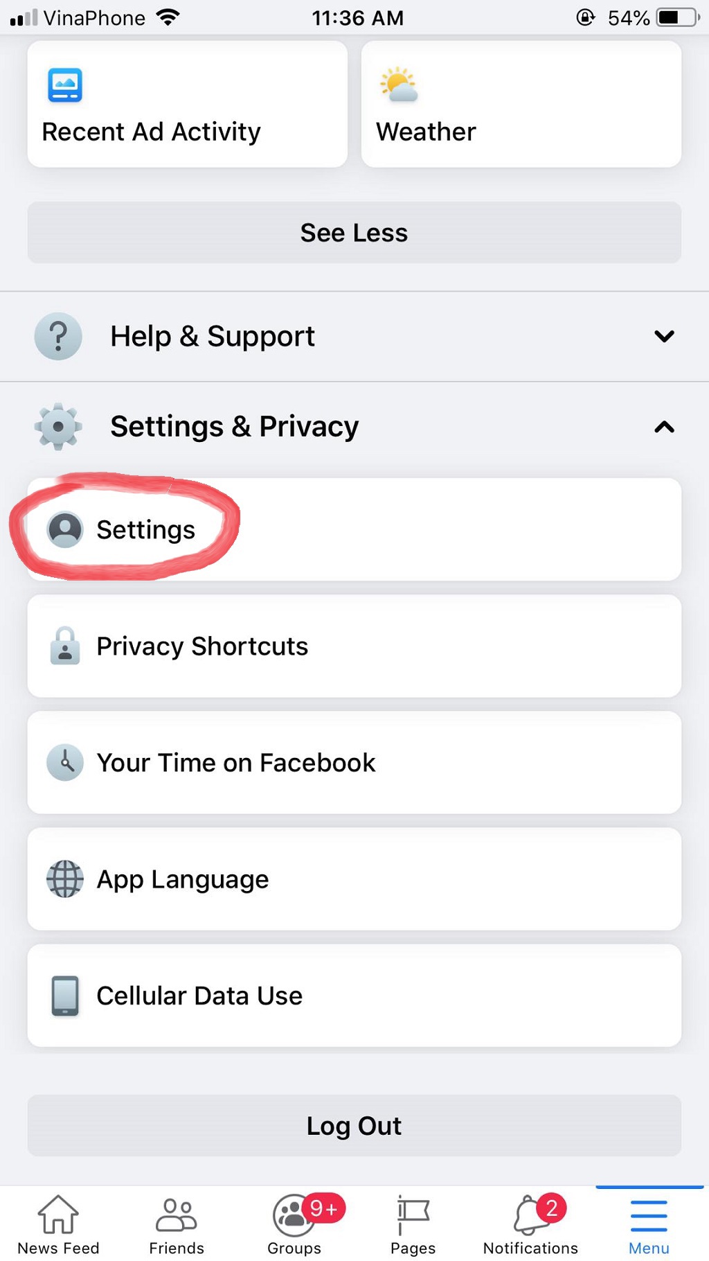 Nhấp vào phần Settings (Cài đặt) để kiểm tra đăng nhập Facebook. 