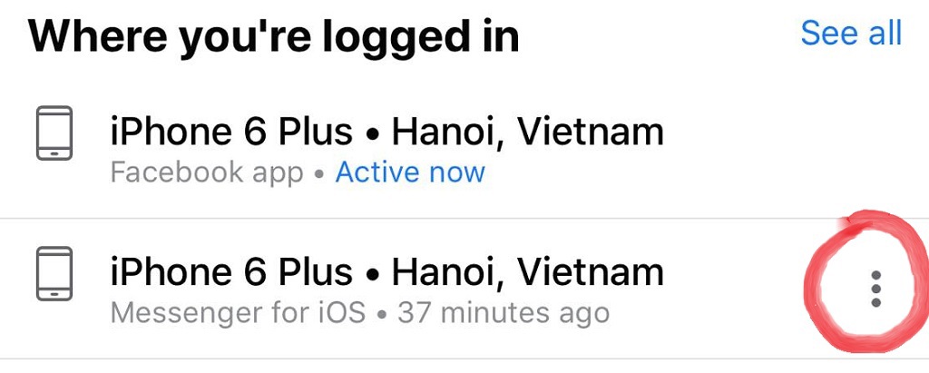 Nếu bạn nhấp vào ba dấu chấm dọc ở phía bên phải của mỗi phiên được liệt kê, bạn sẽ có thể đăng xuất hoặc báo cáo đó không phải là bạn. 