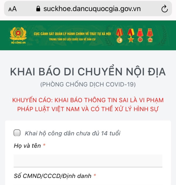  Địa chỉ hệ thống kê khai COVID do Bộ Công an triển khai. 