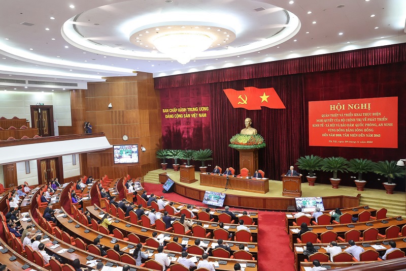 To&agrave;n cảnh hội nghị tại điểm cầu Trung ương Đảng.