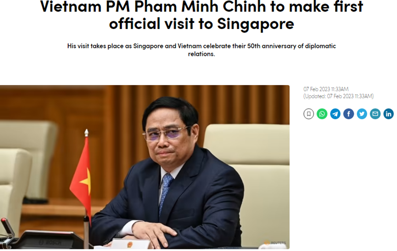 Tờ channelnewsasia đưa tin về chuyến thăm Singapore của Thủ tướng Phạm Minh Chính.