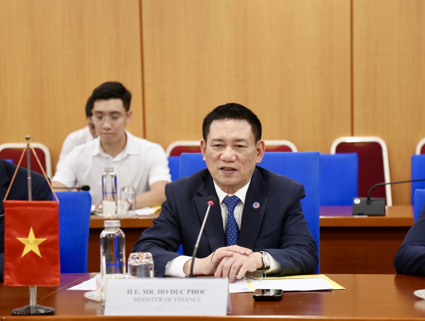 Bộ trưởng Bộ T&agrave;i ch&iacute;nh Hồ Đức Phớc ph&aacute;t biểu tại cuộc l&agrave;m việc.&nbsp;
