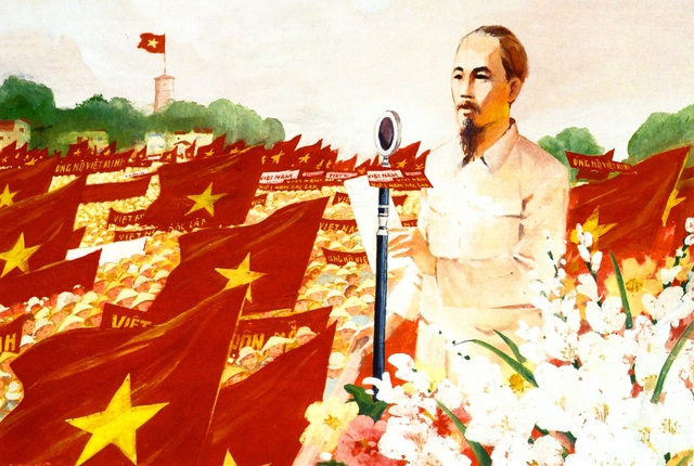 B&aacute;c Hồ đọc Tuy&ecirc;n ng&ocirc;n Độc lập - Ảnh: Bảo t&agrave;ng Mỹ thuật Việt Nam.