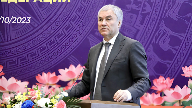 Chủ tịch Duma Quốc gia Quốc hội Liên bang Nga Vyacheslav Viktorovich Volodin phát biểu. Ảnh: Hồ Long
