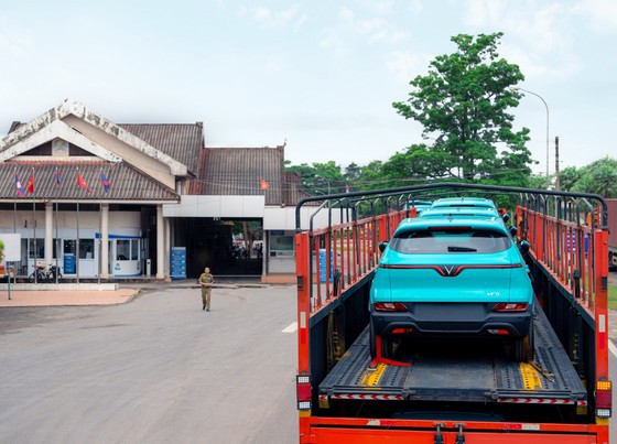 Lô xe Xanh SM đầu tiên chờ làm thủ tục thông quan tại Lào. Ảnh: GSM