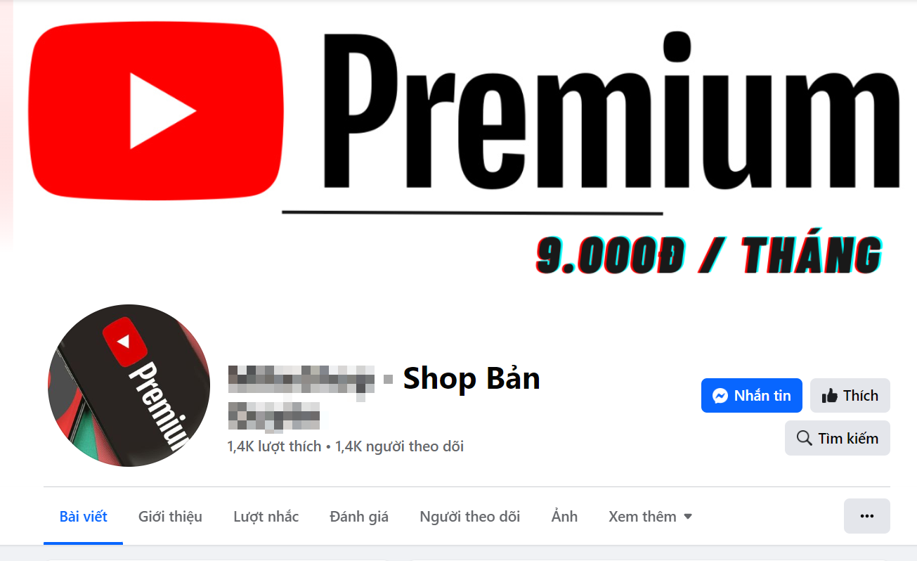 Một trang Facebook rao b&aacute;n g&oacute;i YouTube Premium với gi&aacute; chỉ 9.000 đồng/th&aacute;ng. Ảnh chụp m&agrave;n h&igrave;nh.