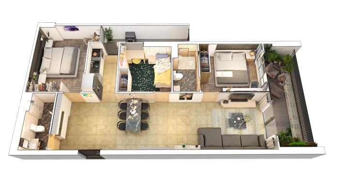 Mặt bằng căn hộ 3 ph&ograve;ng ngủ của Zen Tower &ndash; Feliz Homes.