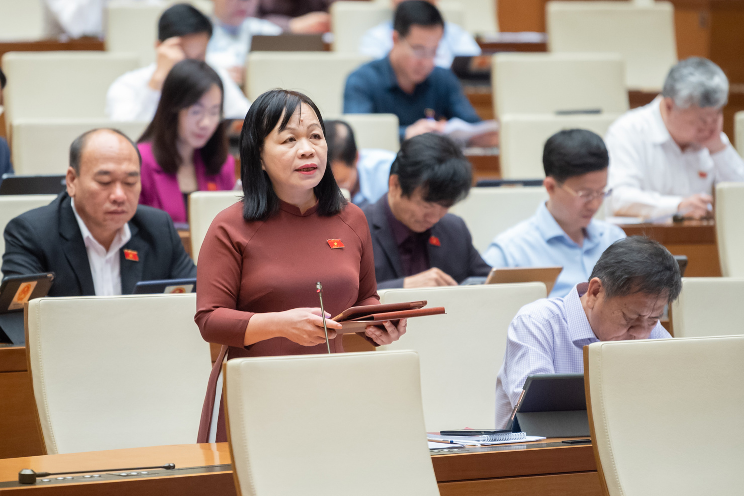 Đại biểu Nguyễn Thị Mai Hoa - Đoàn đại biểu Quốc hội tỉnh Đồng Tháp nêu ý kiến thảo luận tại Hội trường.
