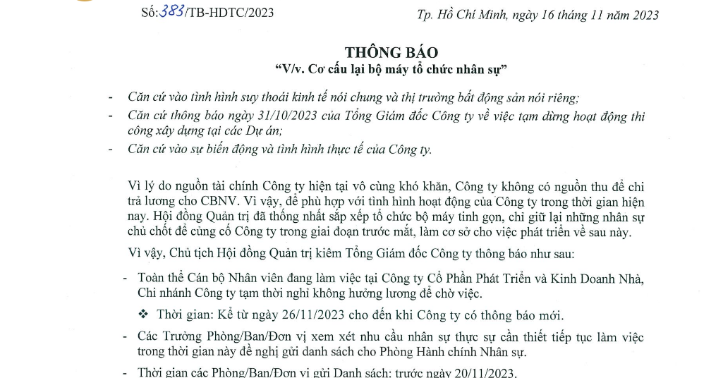 HDTC ban h&agrave;nh c&ocirc;ng văn cho to&agrave;n bộ nh&acirc;n vi&ecirc;n nghỉ việc kh&ocirc;ng lương kể từ ng&agrave;y 26/11.