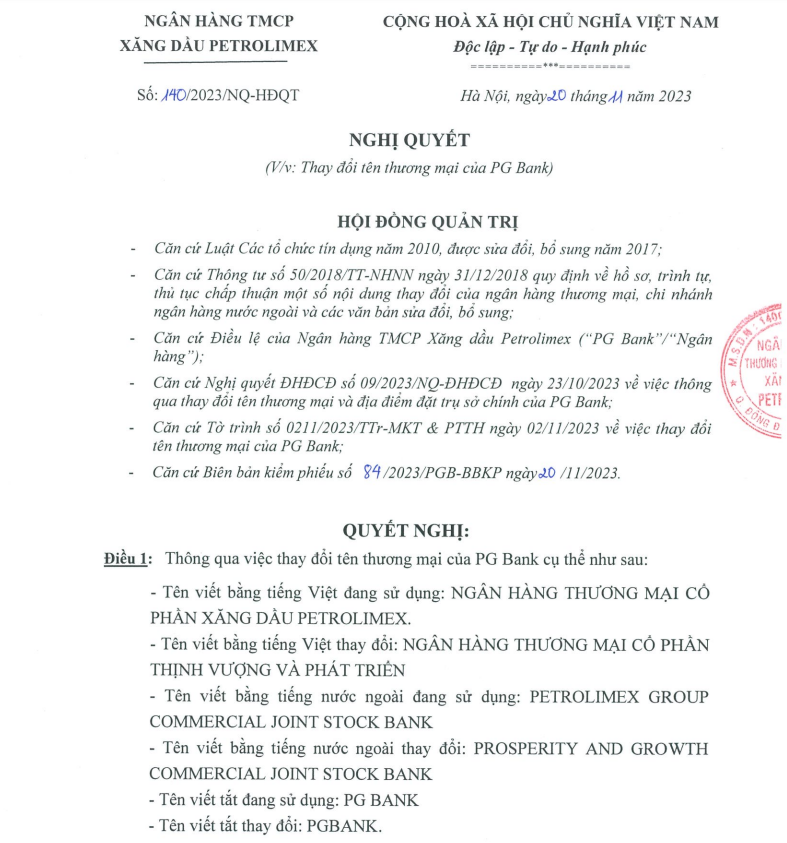 Nghị quyết HĐQT PG Bank về việc thay đổi tên thương mại.