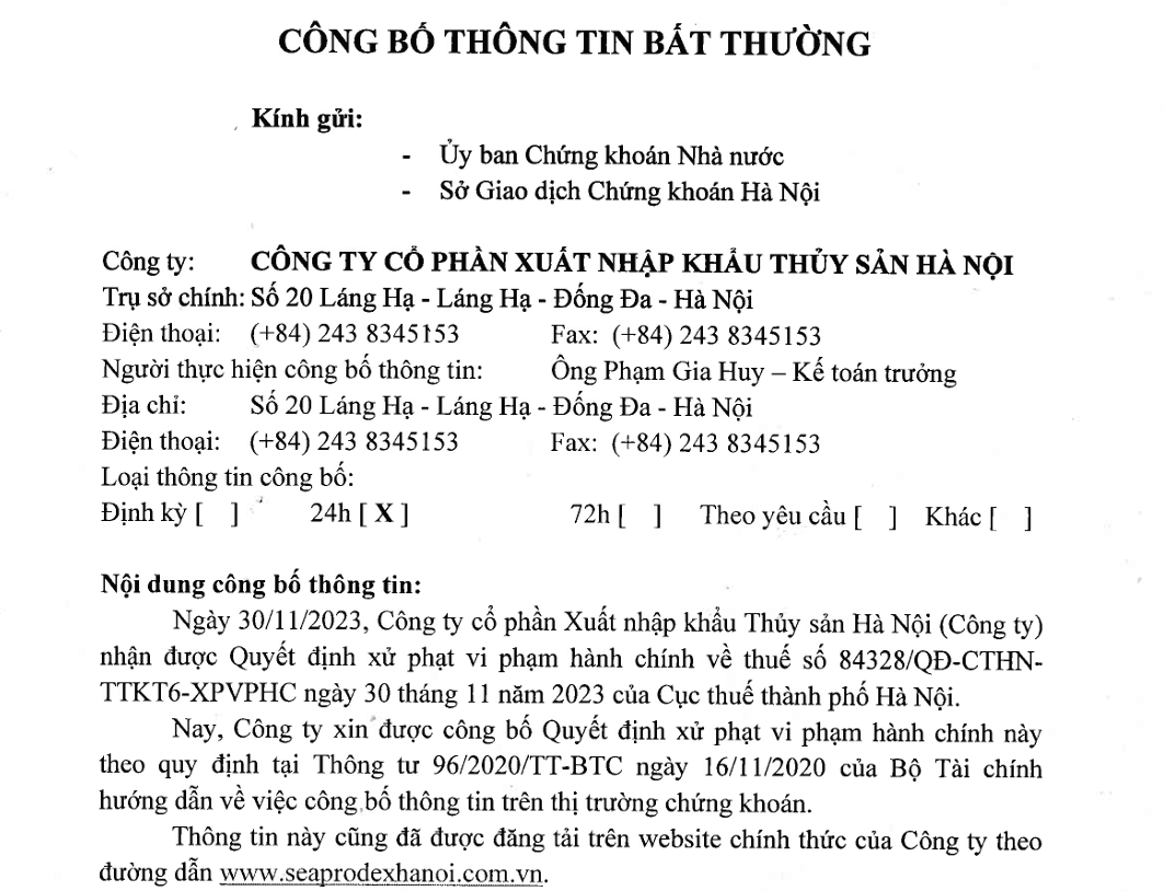 Công bố thông tin bất thường của CTCP Xuất nhập khẩu Thủy sản Hà Nội.