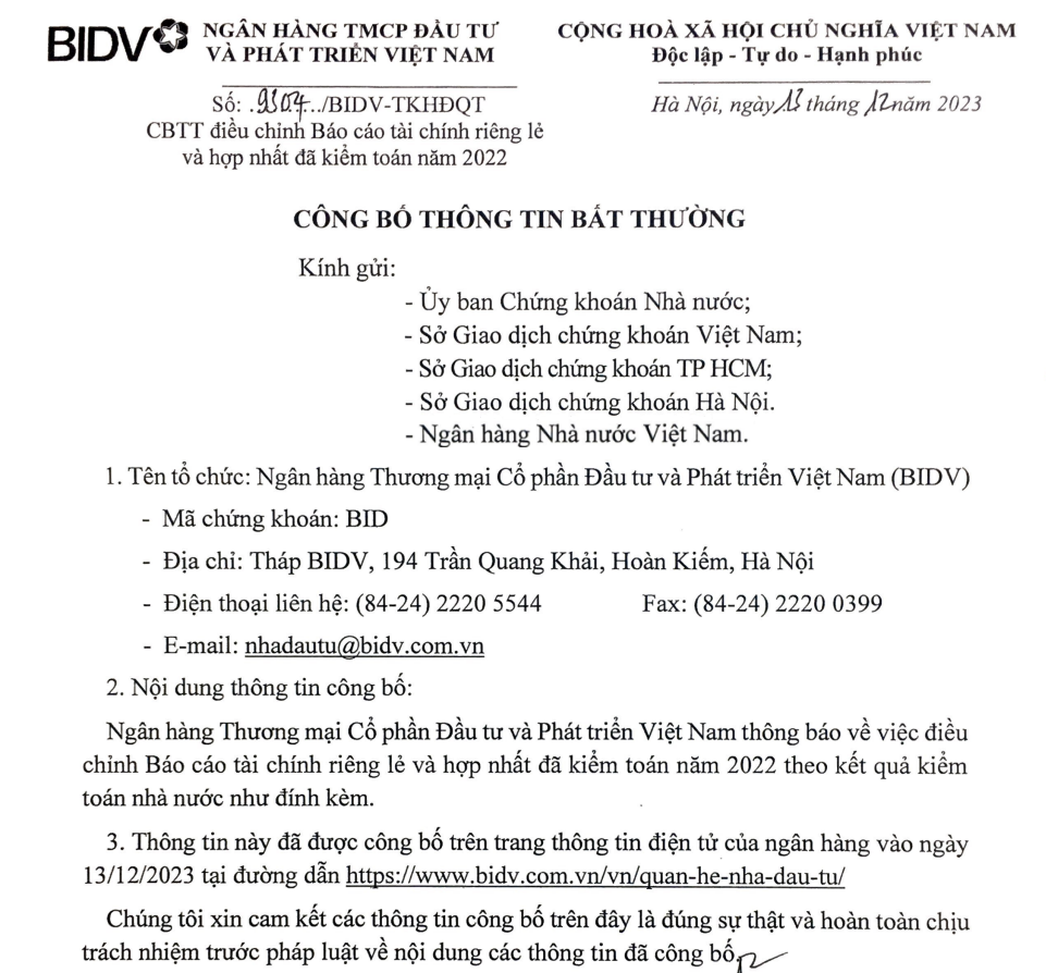 BIDV công bố thông tin bất thường về việc điều chỉnh báo cáo tài chính theo kết quả kiểm tra của Kiểm toán Nhà nước. 