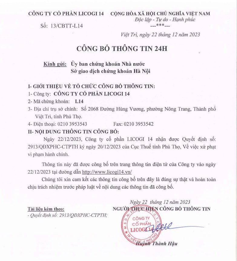 Licogi 14 bị phạt và truy thu thuế hơn 800 triệu đồng - Ảnh 1