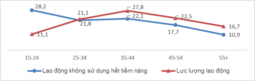 Hình 6: Cơ cấu tuổi của lực lượng lao động và lao động không sử dụng hết tiềm năng, quý IV năm 2023 (%)