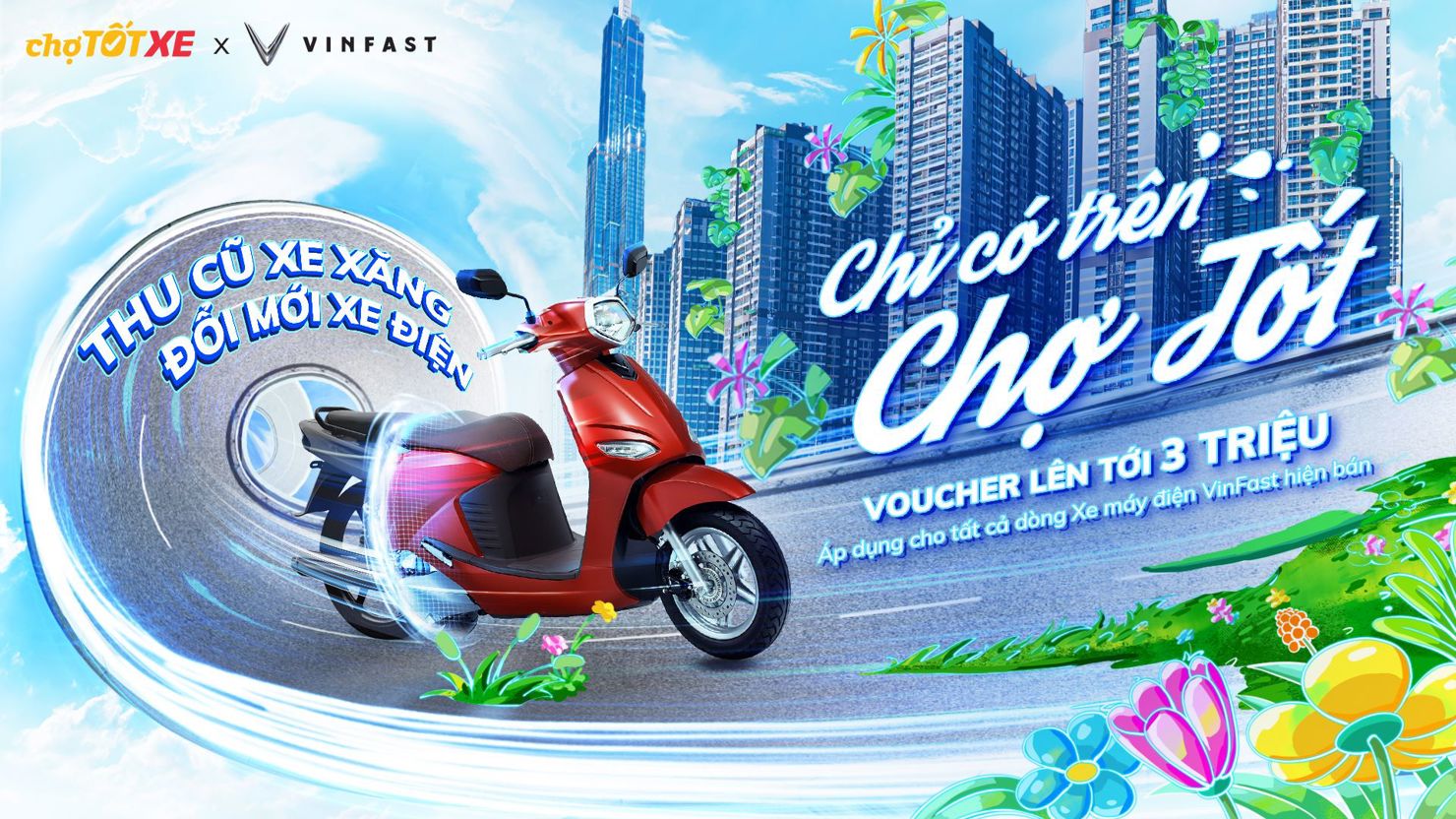 Vinfast hợp tác cùng chợ tốt thu cũ xe máy xăng - đổi mới xe máy điện. Ảnh: VFS