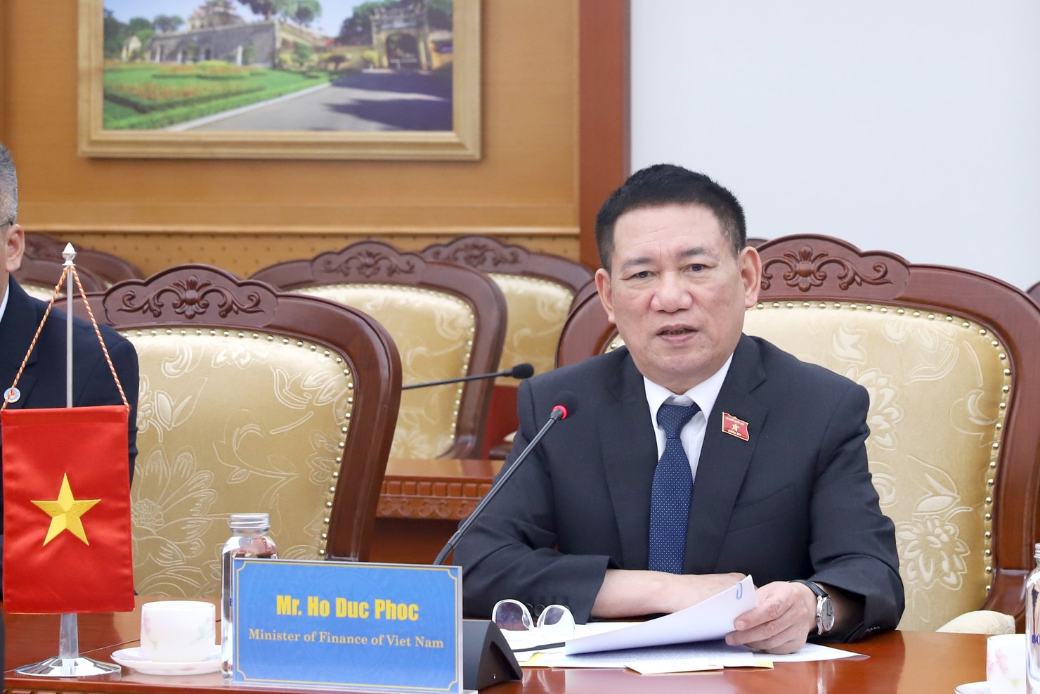 Bộ trưởng Bộ T&agrave;i ch&iacute;nh Hồ Đức Phớc ph&aacute;t biểu tại buổi tiếp.&nbsp;