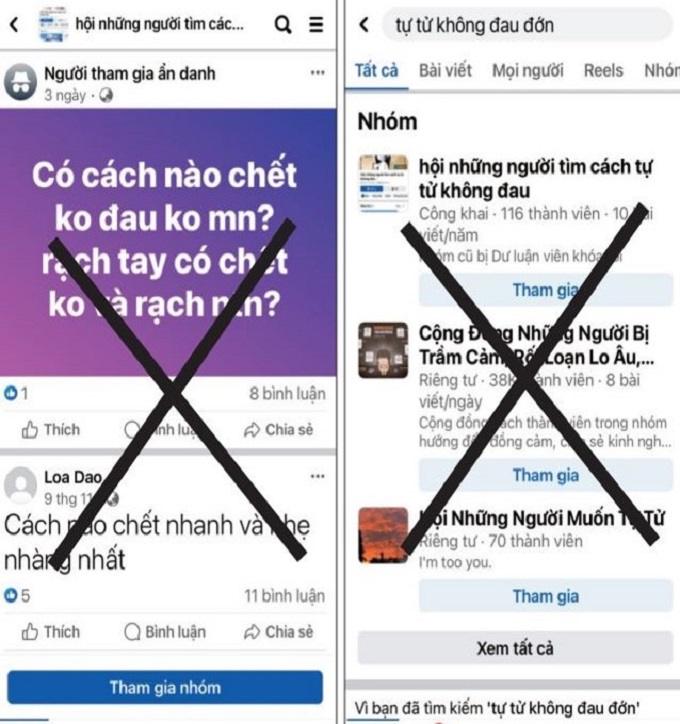 Nhiều hội, nhóm trên mạng xã hội có nội dung rủ rê nhau tự tử. (Ảnh chụp màn hình)