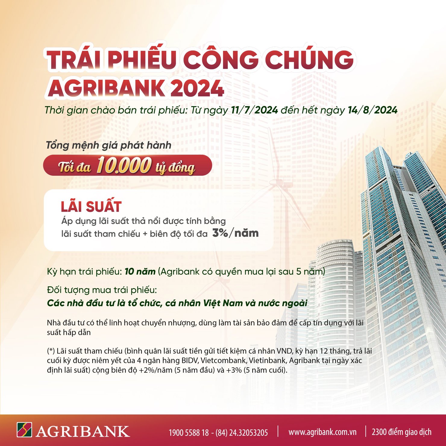 Nhà đầu tư là các tổ chức, cá nhân Việt Nam và nước ngoài có thể đăng ký mua trái phiếu Agribank từ ngày 11/07/2024 đến ngày 14/08/2024 tại Trụ sở chính và tất cả các điểm giao dịch của Agribank trên toàn quốc hoặc thông qua đại lý phát hành là Công ty cổ phần chứng khoán Agribank - Agriseco.