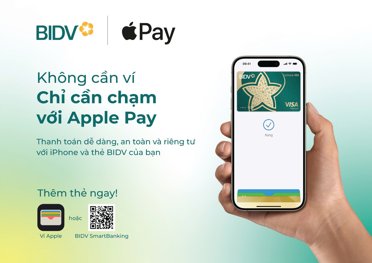 Việc thiết lập Apple Pay vô cùng đơn giản và tiện lợi. Người dùng có thể mở ứng dụng Ví (Wallet) trên iPhone, chạm vào dấu cộng (+), và làm theo hướng dẫn để thêm thẻ tín dụng BIDV Visa. Khách hàng có thể liên kết thẻ tín dụng Visa từ ứng dụng BIDV SmartBanking.
