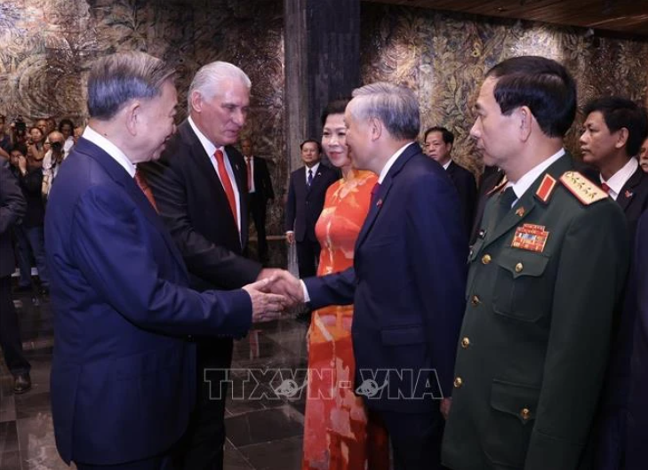 Tổng Bí thư, Chủ tịch nước Tô Lâm giới thiệu với Bí thư thứ nhất Đảng Cộng sản Cuba, Chủ tịch Cuba Miguel Diaz Canel Bermudez các thành viên Đoàn cấp cao Việt Nam. Ảnh: Lâm Khánh/TTXVN 
