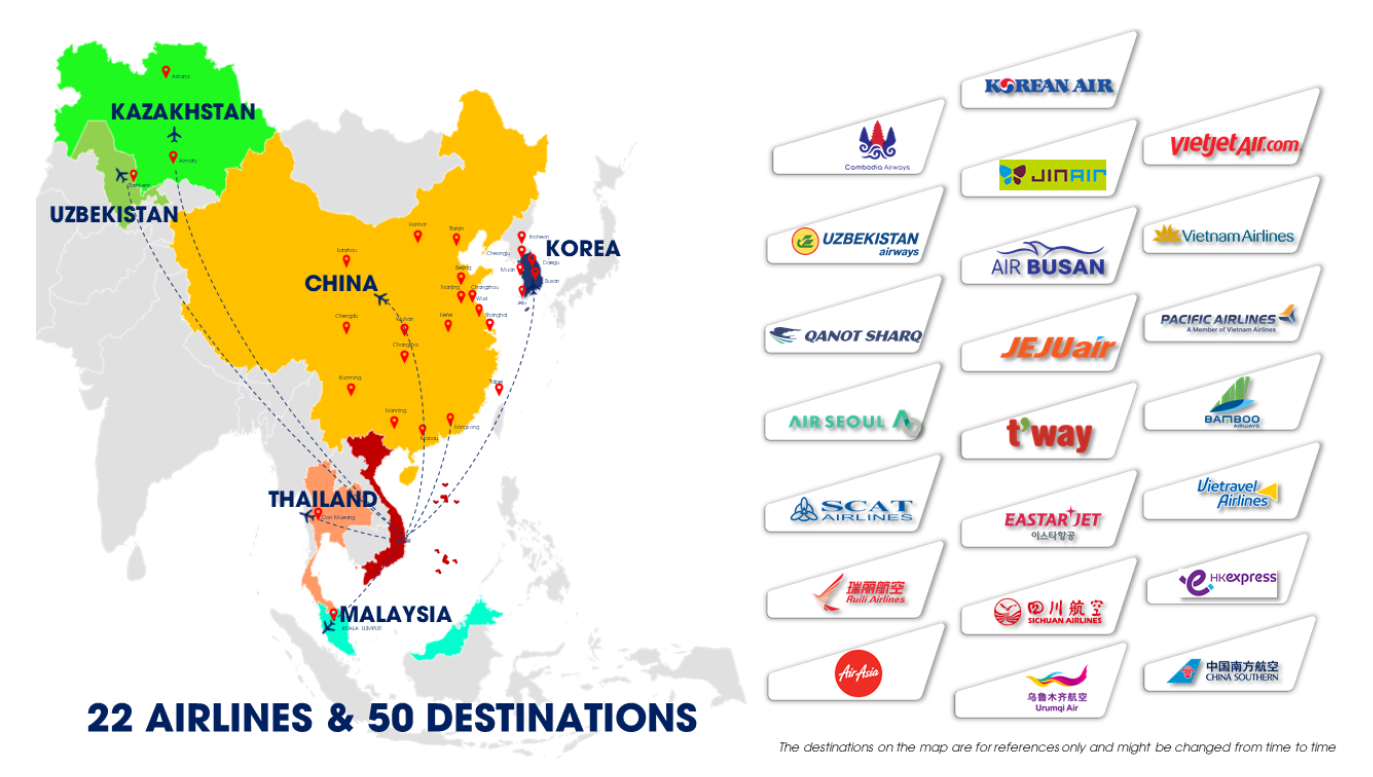 Sân bay quốc tế Cam Ranh hiện hợp tác với 22 hãng hàng không, kết nối 50 đường bay. Nguồn: Camranh.aero