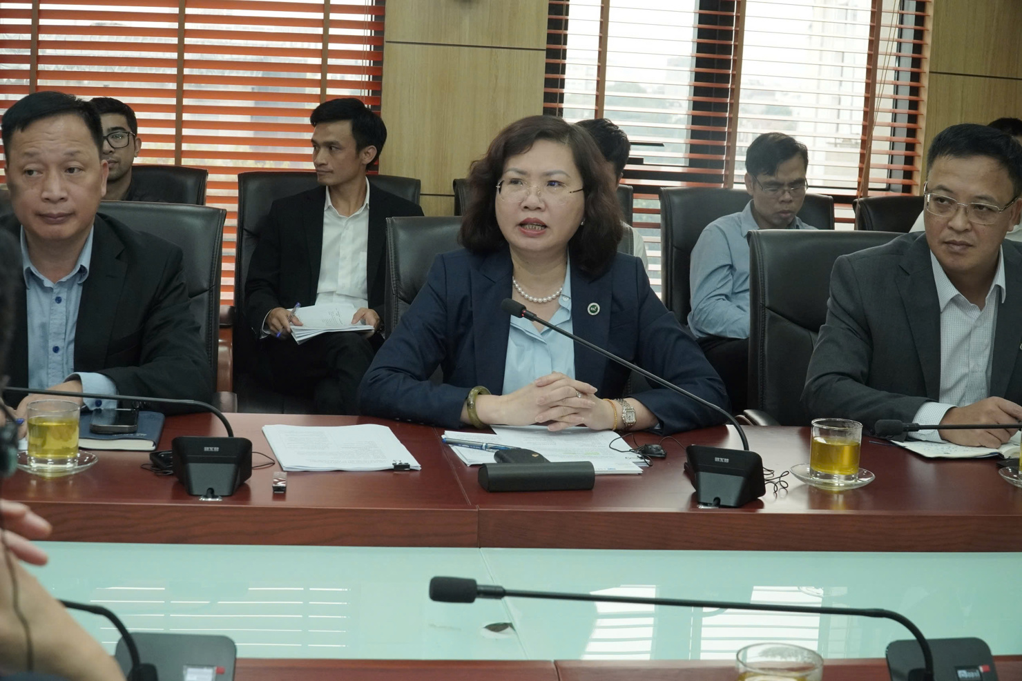 Chủ tịch UBCKNN Vũ Thị Chân Phương trao đổi tại buổi làm việc.
