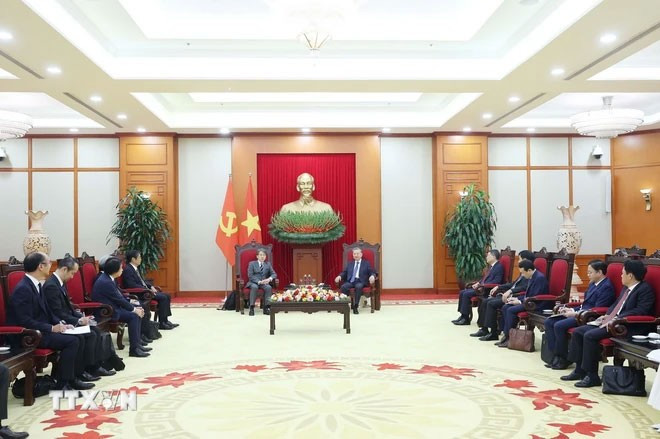 ổng Bí thư Tô Lâm tiếp Chủ tịch Hội đồng Quản trị Ngân hàng Hợp tác Quốc tế Nhật Bản Maeda Tadashi. Ảnh: Thống Nhất/TTXVN