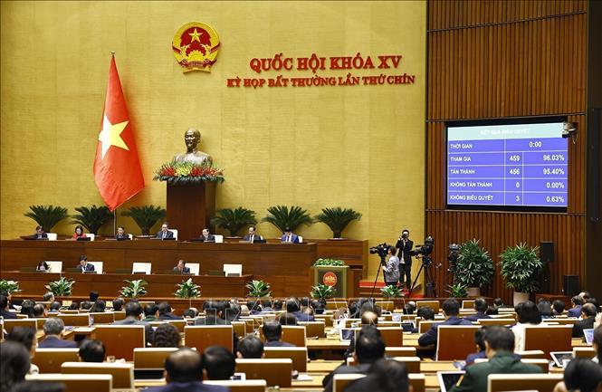 Quốc hội biểu quyết th&ocirc;ng qua Nghị quyết của Quốc hội quy định về xử l&yacute; một số vấn đề li&ecirc;n quan đến sắp xếp tổ chức bộ m&aacute;y nh&agrave; nước, ng&agrave;y 19/2/2025. Ảnh: Do&atilde;n Tấn/TTXVN