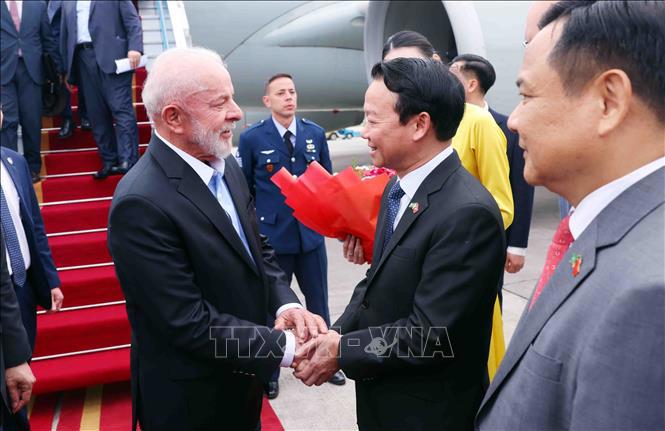 Bộ trưởng Bộ N&ocirc;ng nghiệp v&agrave; M&ocirc;i trường Đỗ Đức Duy đ&oacute;n Tổng thống Brazil Luiz In&aacute;cio Lula da Silva tạớn&acirc;n bay quốc tế Nội B&agrave;i, H&agrave; Nội - Ảnh: TTXVN
