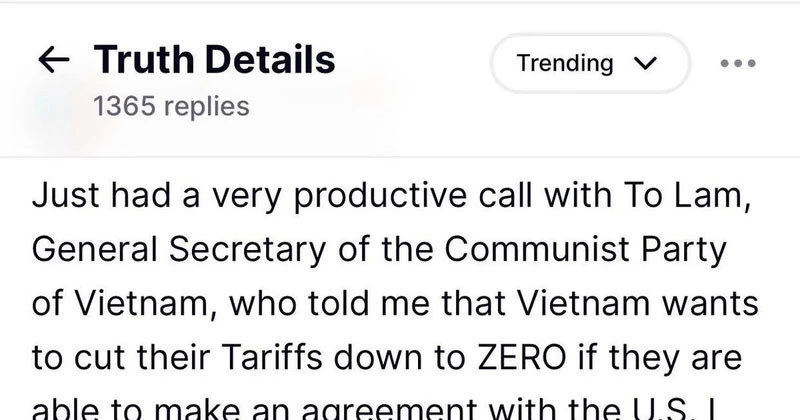 Ảnh chụp màn hình thông báo của Tổng thống Mỹ Donald Trump về cuộc điện đàm với Tổng Bí thư Đảng Cộng sản Việt Nam trên mạng xã hội Truth Social. Ảnh: Ngọc Quang/TTXVN.