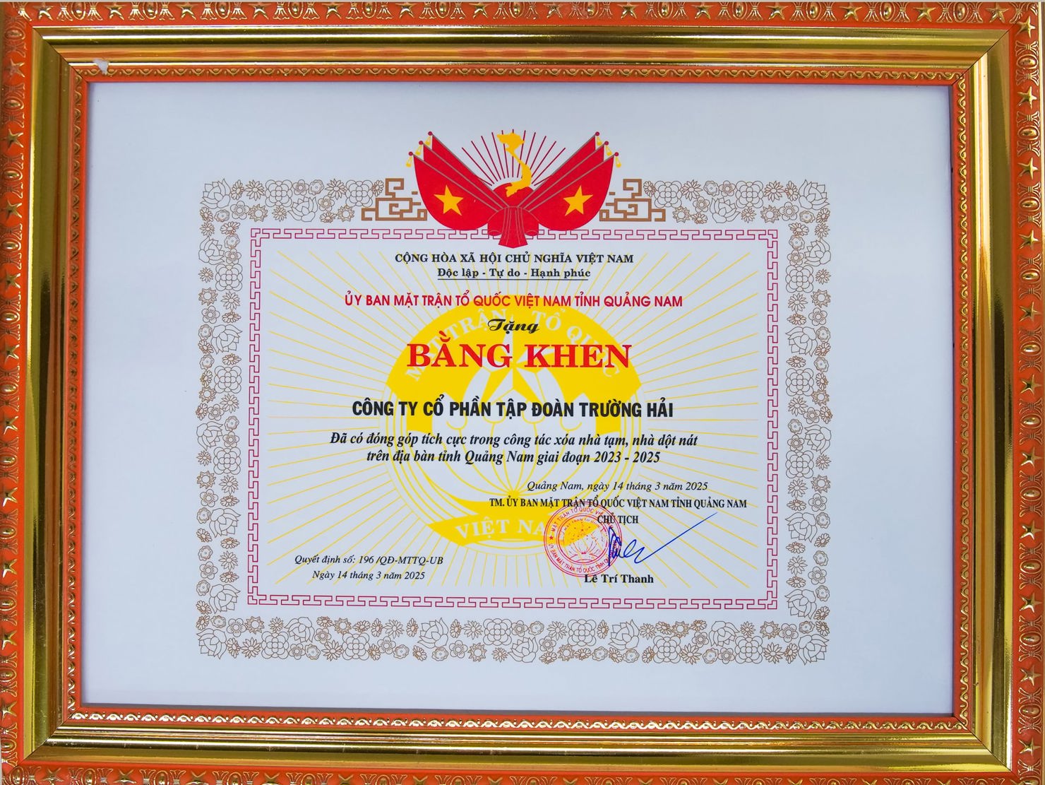 Bằng khen của Ủy ban Mặt trận tổ quốc Việt Nam tỉnh Quảng Nam trao tặng THACO