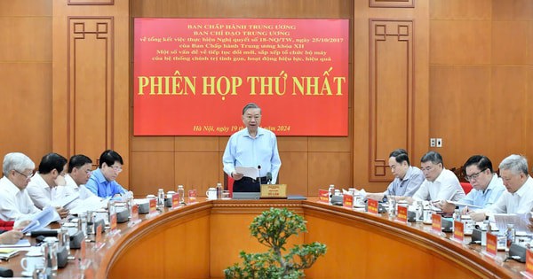 Tổng Bí thư Tô Lâm phát biểu chỉ đạo tại Phiên họp thứ nhất Ban Chỉ đạo Trung ương về tổng kết việc thực hiện Nghị quyết số 18-NQ/TW ngày 25/10/2017 của Ban Chấp hành Trung ương khóa XII "Một số vấn đề về tiếp tục đổi mới, sắp xếp tổ chức bộ máy của hệ thống chính trị tinh gọn, hoạt động hiệu lực, hiệu quả". Ảnh: TTXVN.