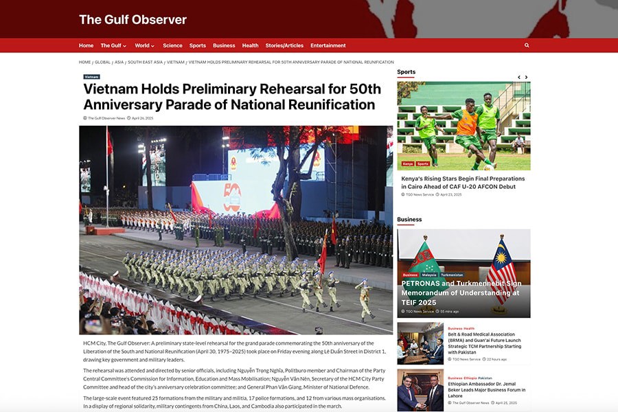 Kênh tin tức The Gulf Observer đưa tin về các hoạt động dịp kỷ niệm 50 năm Ngày Giải phóng miền Nam, thống nhất đất nước của Việt Nam. 