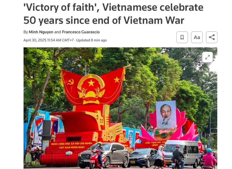 Ti&ecirc;u đề b&agrave;i viết về lễ kỷ niệm Lễ kỷ niệm 50 năm Ng&agrave;y giải ph&oacute;ng miền Nam của h&atilde;ng tin Reuters ng&agrave;y 30/4/2025. Ảnh chụp m&agrave;n h&igrave;nh.