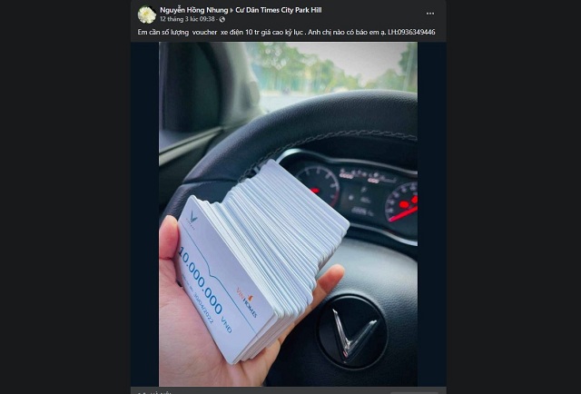 Post rao thu mua voucher xe máy điện tràn ngập các group cư dân Vinhomes. Ảnh: VIC