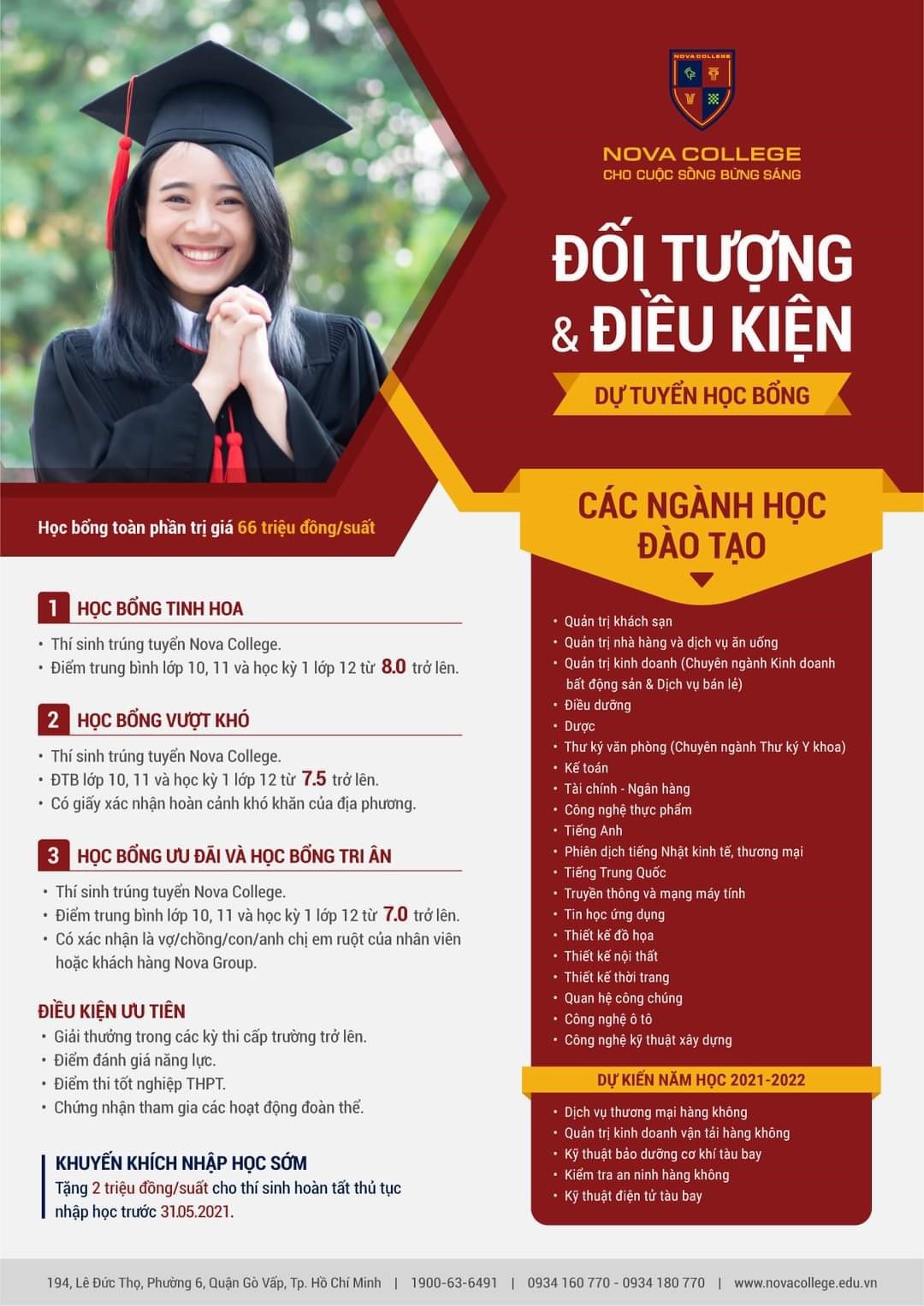 Chi tiết học bổng dành cho tân sinh viên Nova College năm học 2021-2022. Ảnh NVL