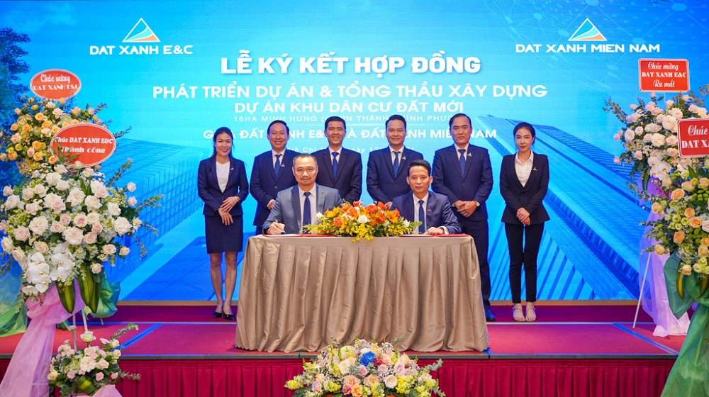 Đất Xanh E&C ký kết hợp đồng với Đất Xanh Miền Nam – một đơn vị thành viên của Dat Xanh Services (DXS) để phát triển dự án Khu dân cư Đất Mới Minh Hưng 16 ha tại xã Minh Hưng, huyện Chơn Thành tỉnh Bình Phước. Ảnh: DXG